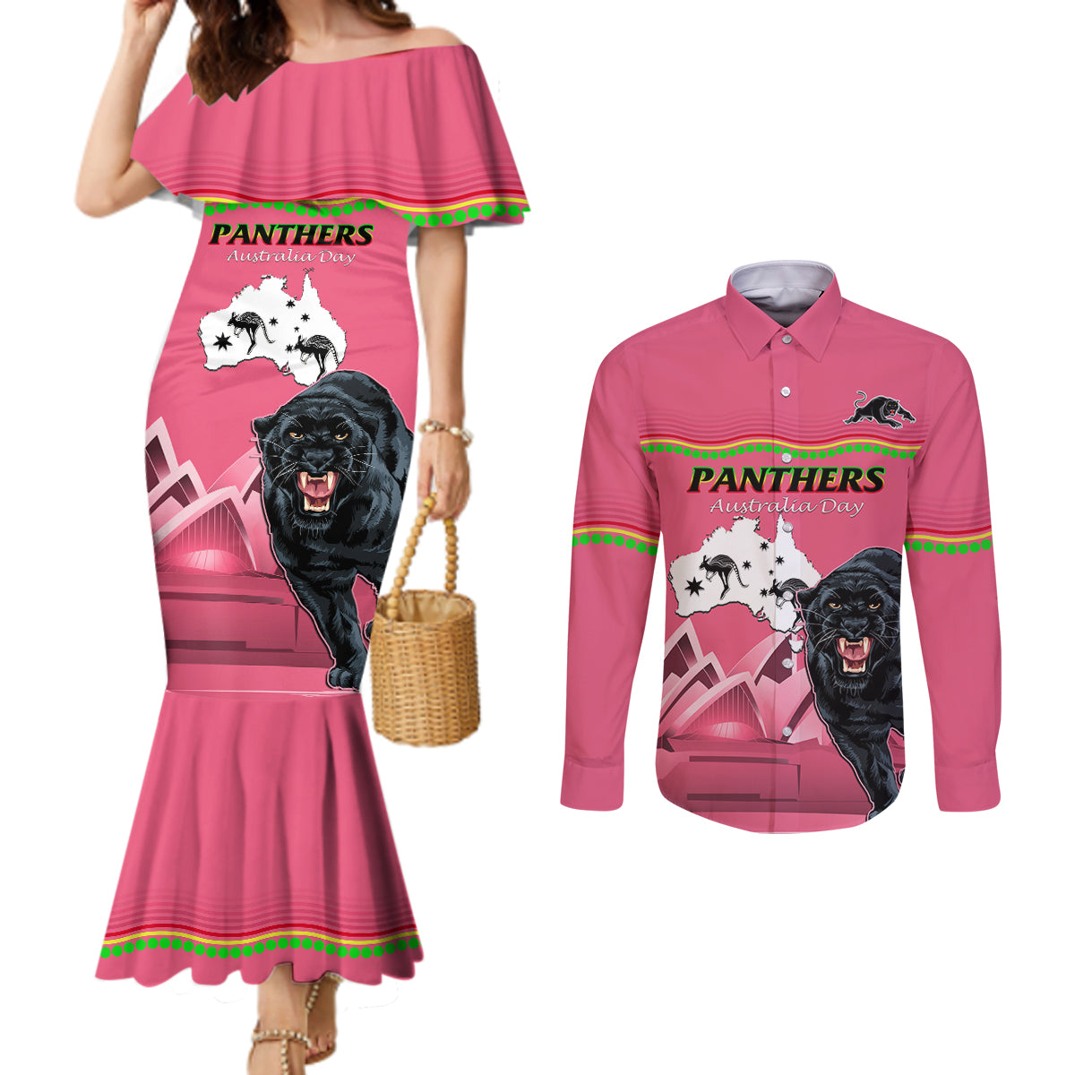 Custom Australia Day Panthers Couples Matching Mermaid Dress and Long Sleeve Button Shirt NRL 2024 Sydney Opera House With Map - Pink