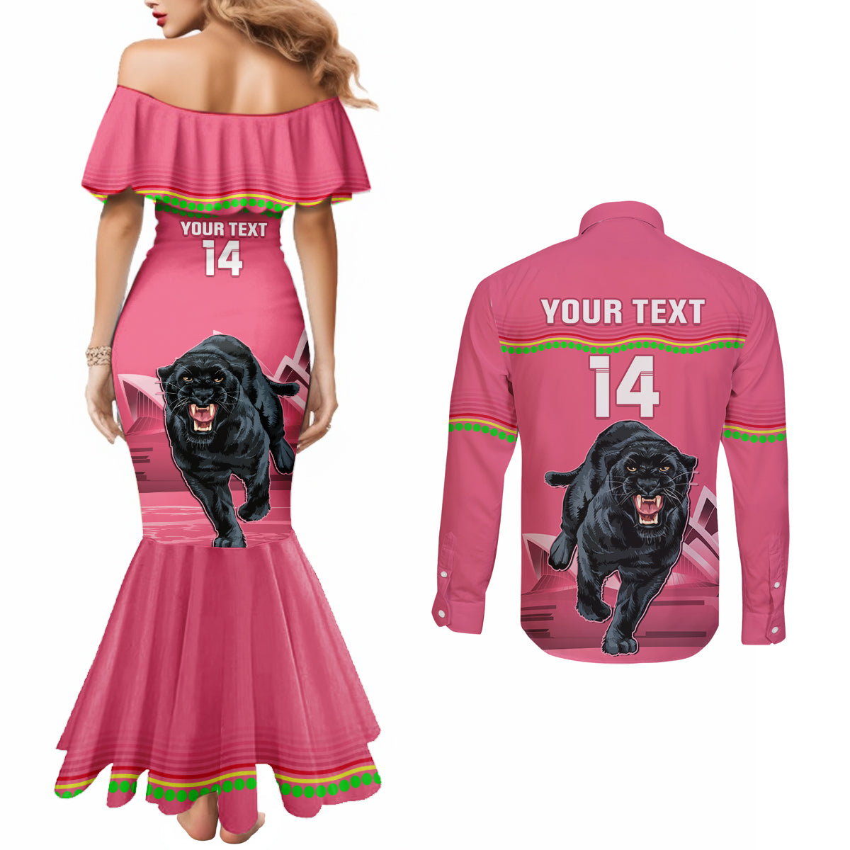 Custom Australia Day Panthers Couples Matching Mermaid Dress and Long Sleeve Button Shirt NRL 2024 Sydney Opera House With Map - Pink