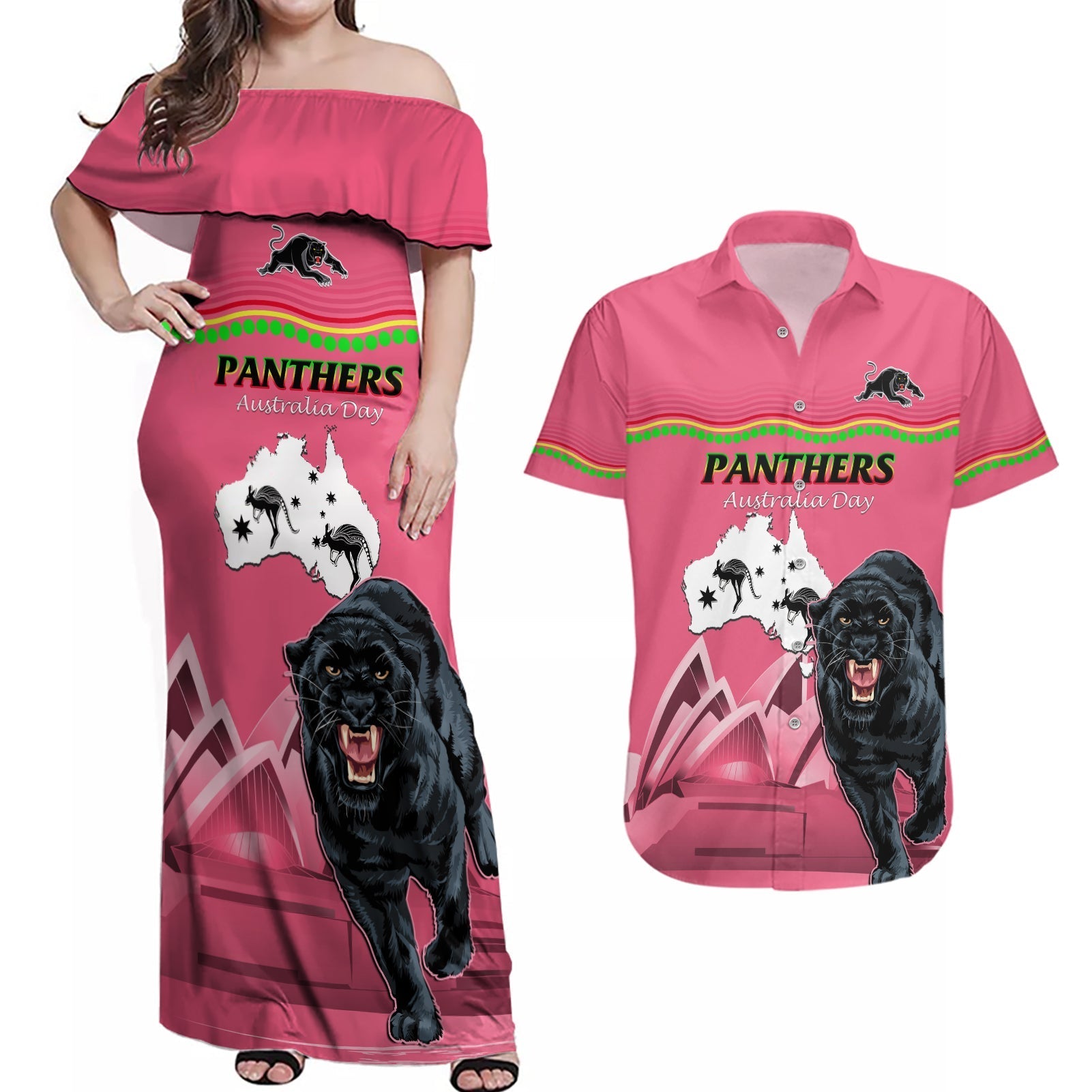Custom Australia Day Panthers Couples Matching Off Shoulder Maxi Dress and Hawaiian Shirt NRL 2024 Sydney Opera House With Map - Pink