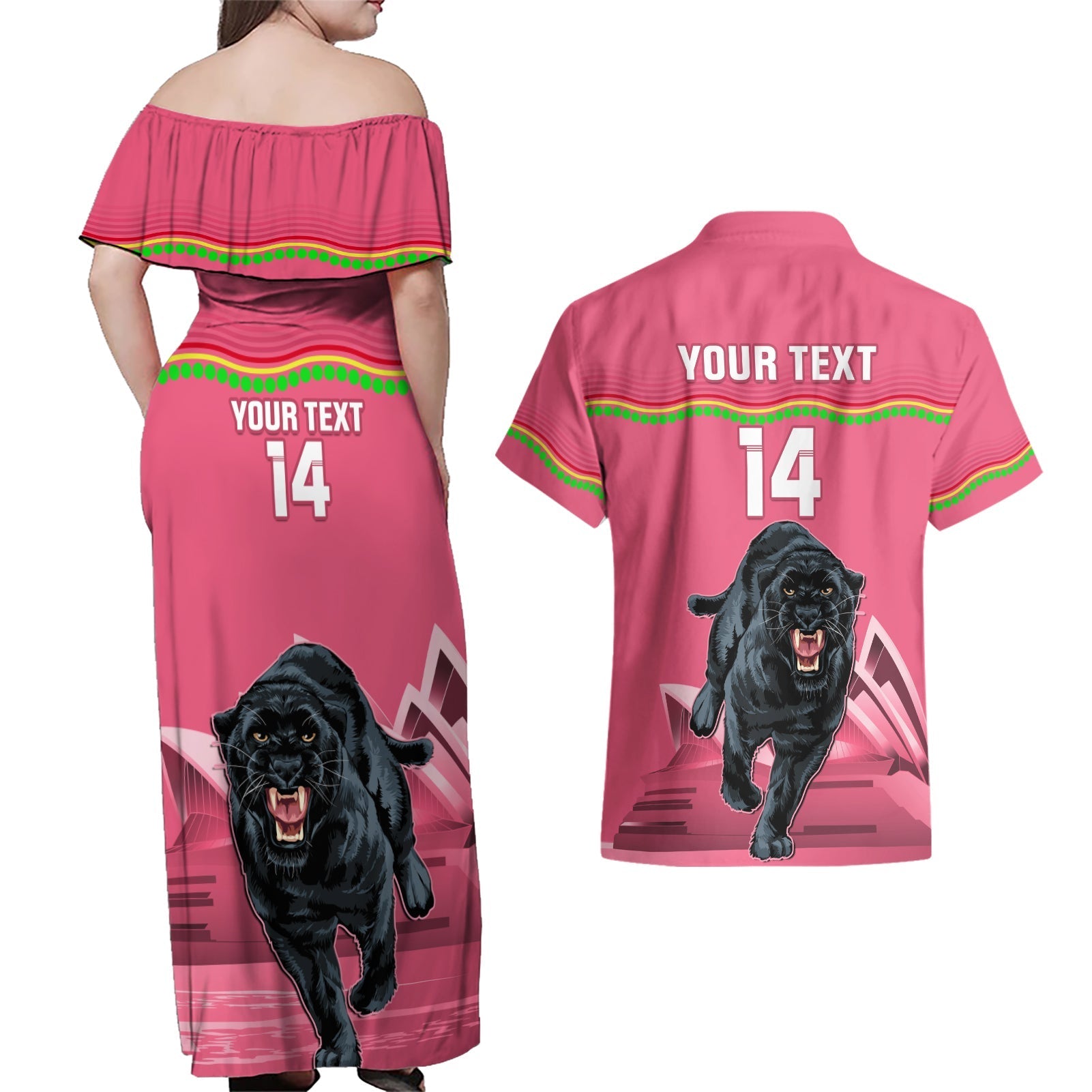 Custom Australia Day Panthers Couples Matching Off Shoulder Maxi Dress and Hawaiian Shirt NRL 2024 Sydney Opera House With Map - Pink