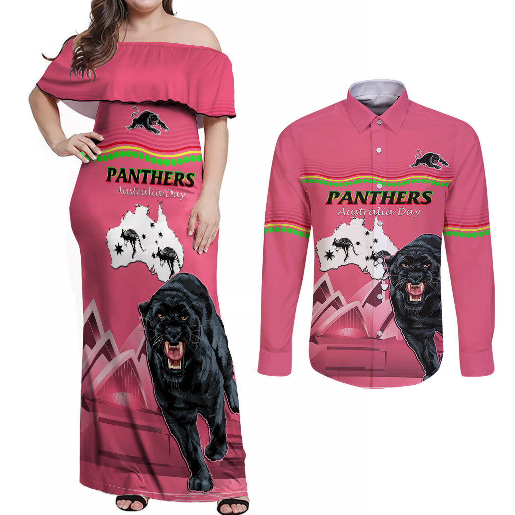 Custom Australia Day Panthers Couples Matching Off Shoulder Maxi Dress and Long Sleeve Button Shirt NRL 2024 Sydney Opera House With Map - Pink