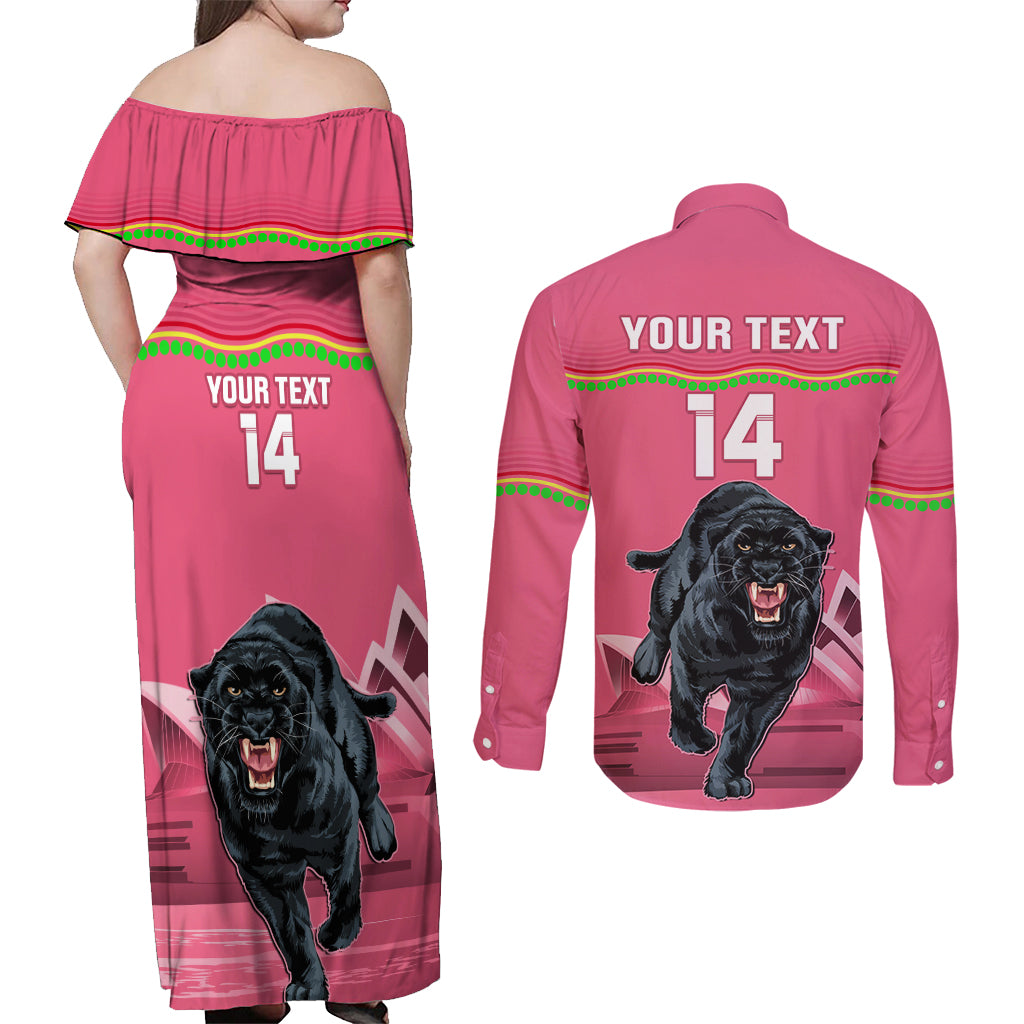 Custom Australia Day Panthers Couples Matching Off Shoulder Maxi Dress and Long Sleeve Button Shirt NRL 2024 Sydney Opera House With Map - Pink