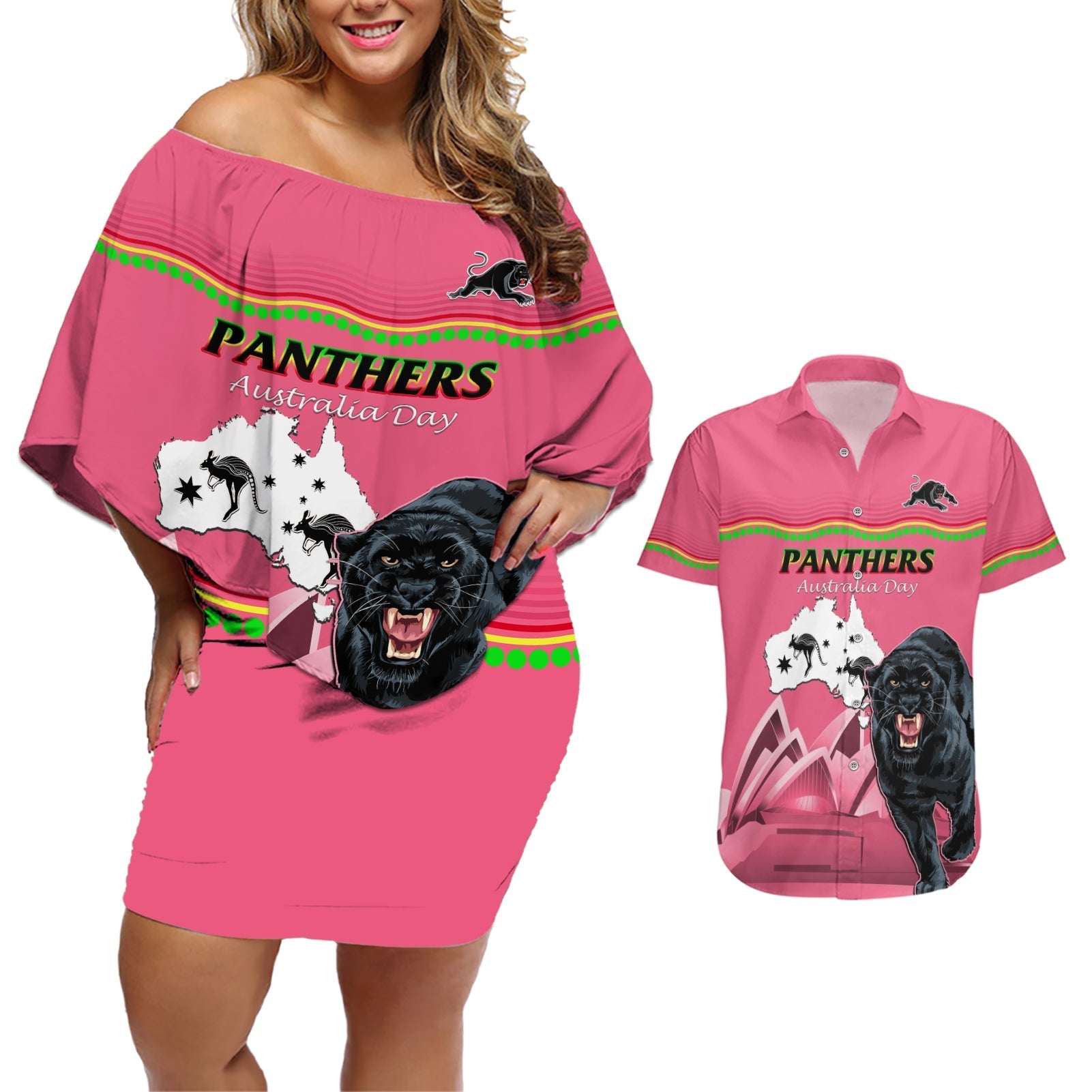 Custom Australia Day Panthers Couples Matching Off Shoulder Short Dress and Hawaiian Shirt NRL 2024 Sydney Opera House With Map - Pink