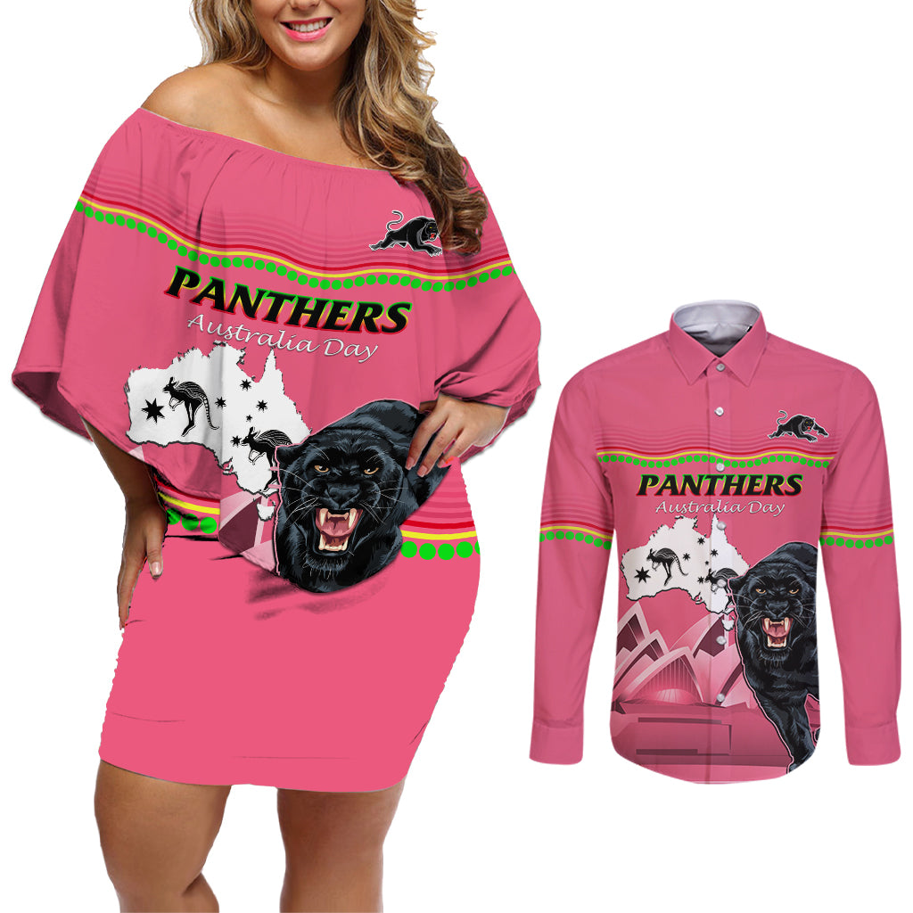 Custom Australia Day Panthers Couples Matching Off Shoulder Short Dress and Long Sleeve Button Shirt NRL 2024 Sydney Opera House With Map - Pink