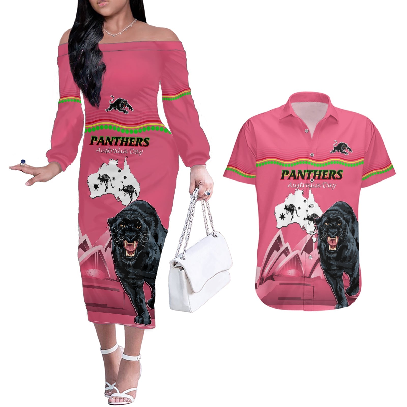 Custom Australia Day Panthers Couples Matching Off The Shoulder Long Sleeve Dress and Hawaiian Shirt NRL 2024 Sydney Opera House With Map - Pink