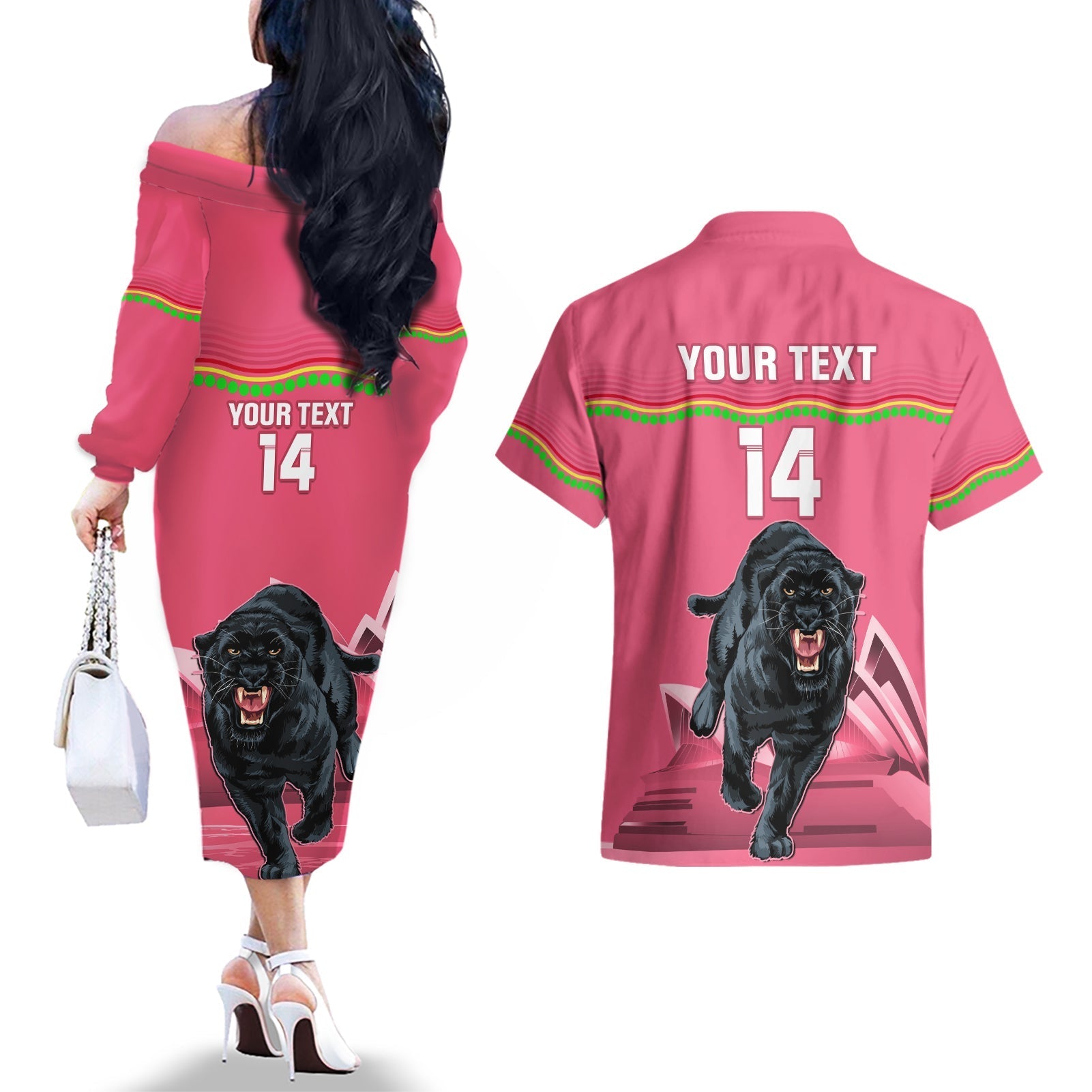 Custom Australia Day Panthers Couples Matching Off The Shoulder Long Sleeve Dress and Hawaiian Shirt NRL 2024 Sydney Opera House With Map - Pink