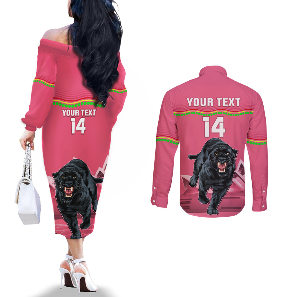 Custom Australia Day Panthers Couples Matching Off The Shoulder Long Sleeve Dress and Long Sleeve Button Shirt NRL 2024 Sydney Opera House With Map - Pink