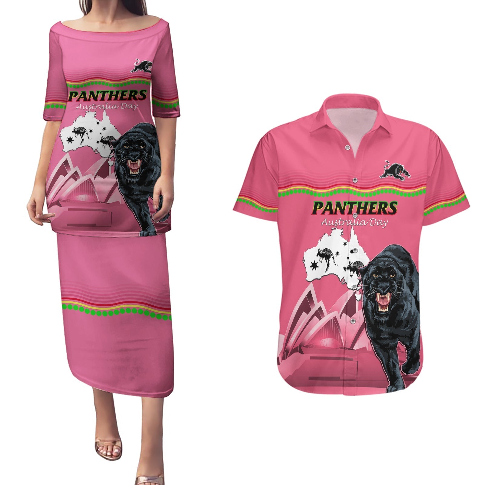 Custom Australia Day Panthers Couples Matching Puletasi and Hawaiian Shirt NRL 2024 Sydney Opera House With Map - Pink