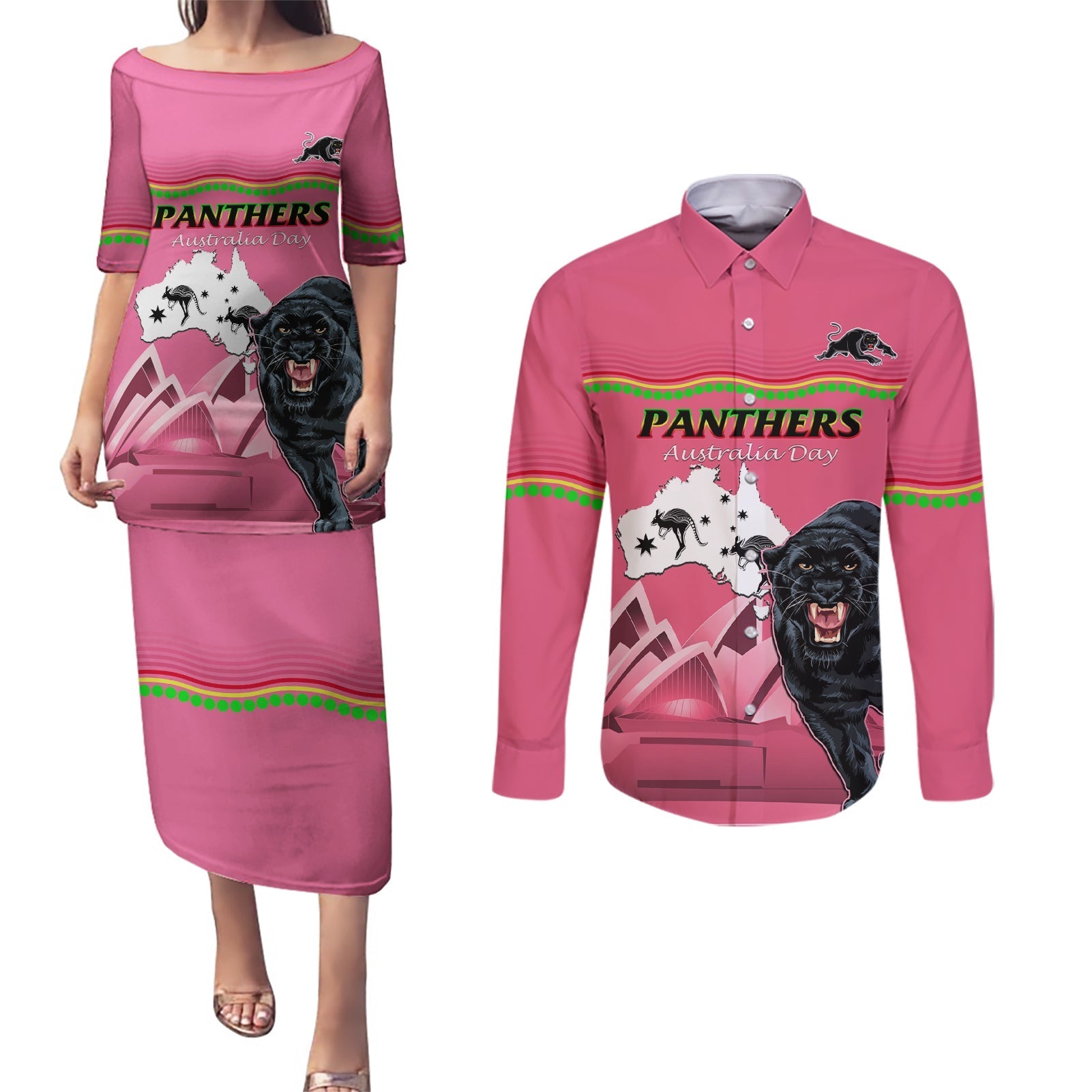 Custom Australia Day Panthers Couples Matching Puletasi and Long Sleeve Button Shirt NRL 2024 Sydney Opera House With Map - Pink