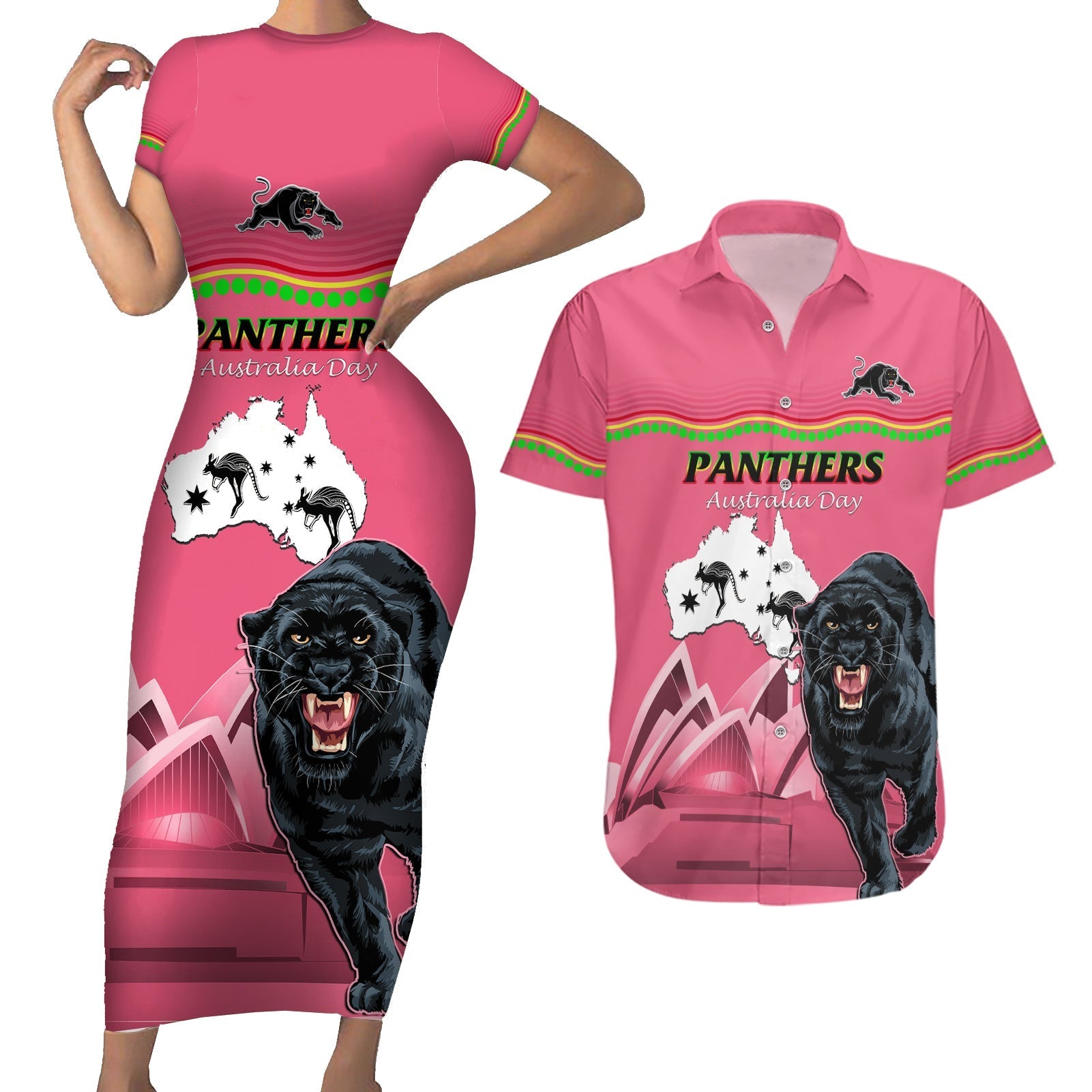 Custom Australia Day Panthers Couples Matching Short Sleeve Bodycon Dress and Hawaiian Shirt NRL 2024 Sydney Opera House With Map - Pink