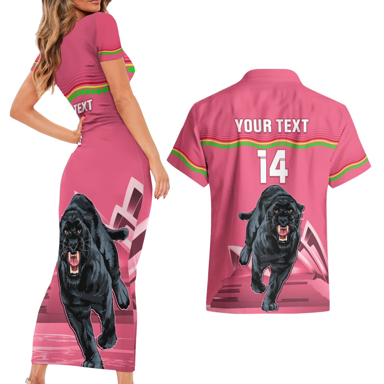 Custom Australia Day Panthers Couples Matching Short Sleeve Bodycon Dress and Hawaiian Shirt NRL 2024 Sydney Opera House With Map - Pink