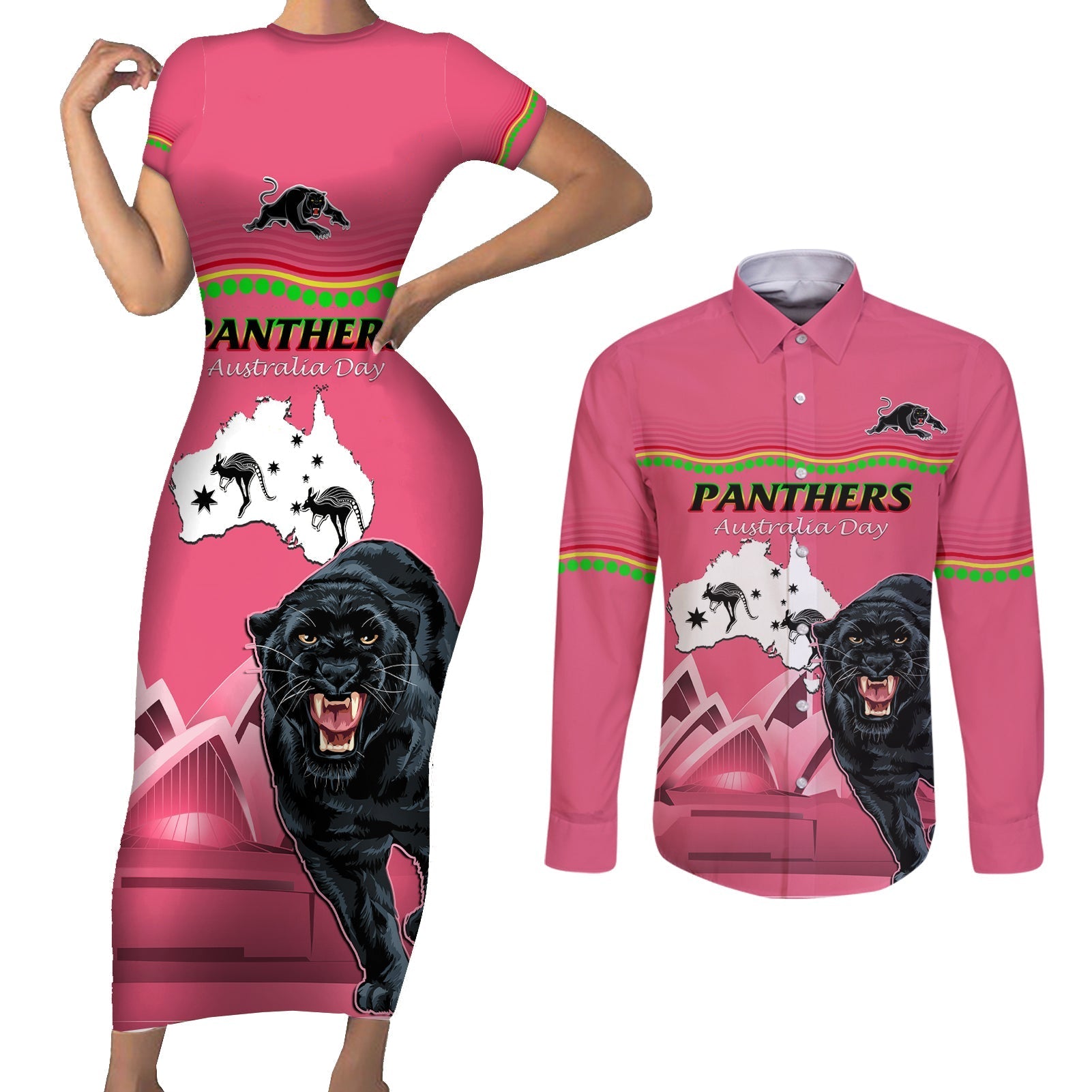 Custom Australia Day Panthers Couples Matching Short Sleeve Bodycon Dress and Long Sleeve Button Shirt NRL 2024 Sydney Opera House With Map - Pink