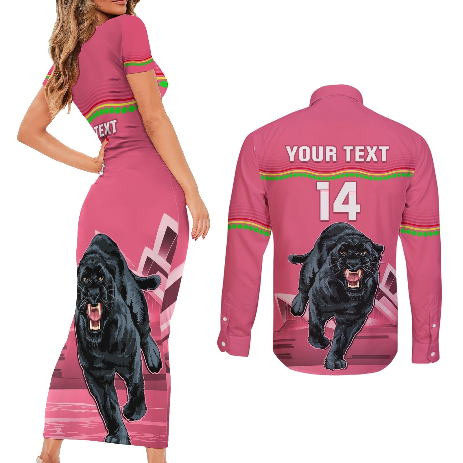 Custom Australia Day Panthers Couples Matching Short Sleeve Bodycon Dress and Long Sleeve Button Shirt NRL 2024 Sydney Opera House With Map - Pink