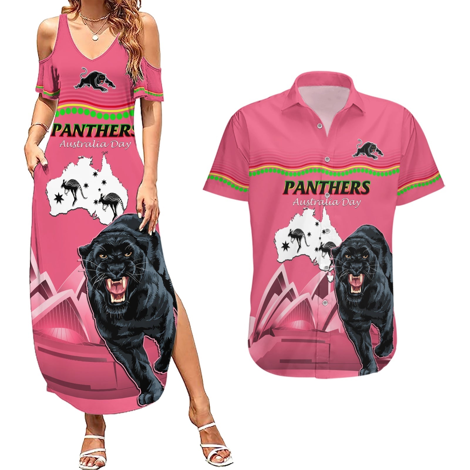 Custom Australia Day Panthers Couples Matching Summer Maxi Dress and Hawaiian Shirt NRL 2024 Sydney Opera House With Map - Pink