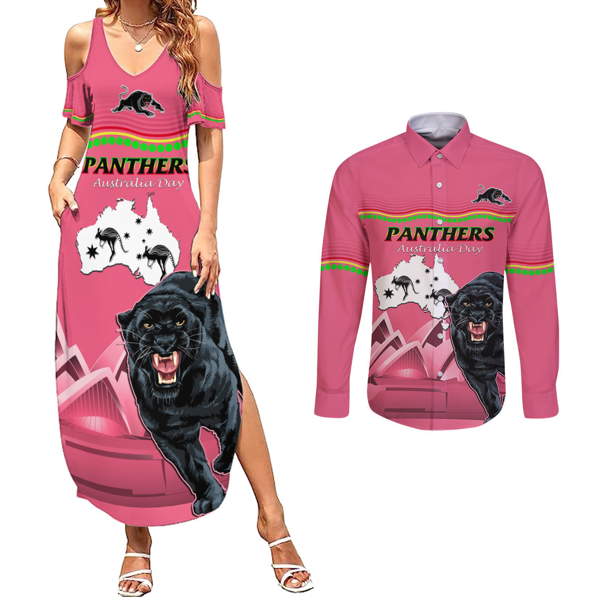 Custom Australia Day Panthers Couples Matching Summer Maxi Dress and Long Sleeve Button Shirt NRL 2024 Sydney Opera House With Map - Pink