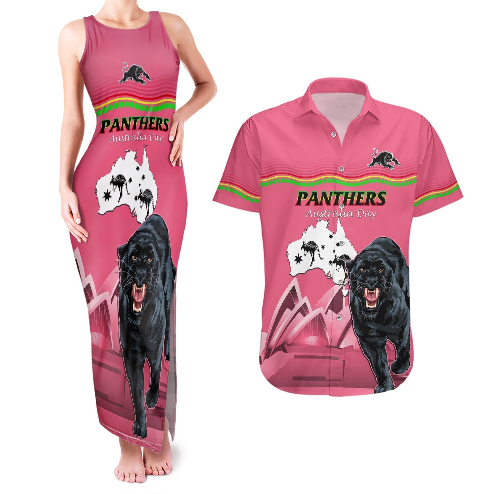 Custom Australia Day Panthers Couples Matching Tank Maxi Dress and Hawaiian Shirt NRL 2024 Sydney Opera House With Map - Pink