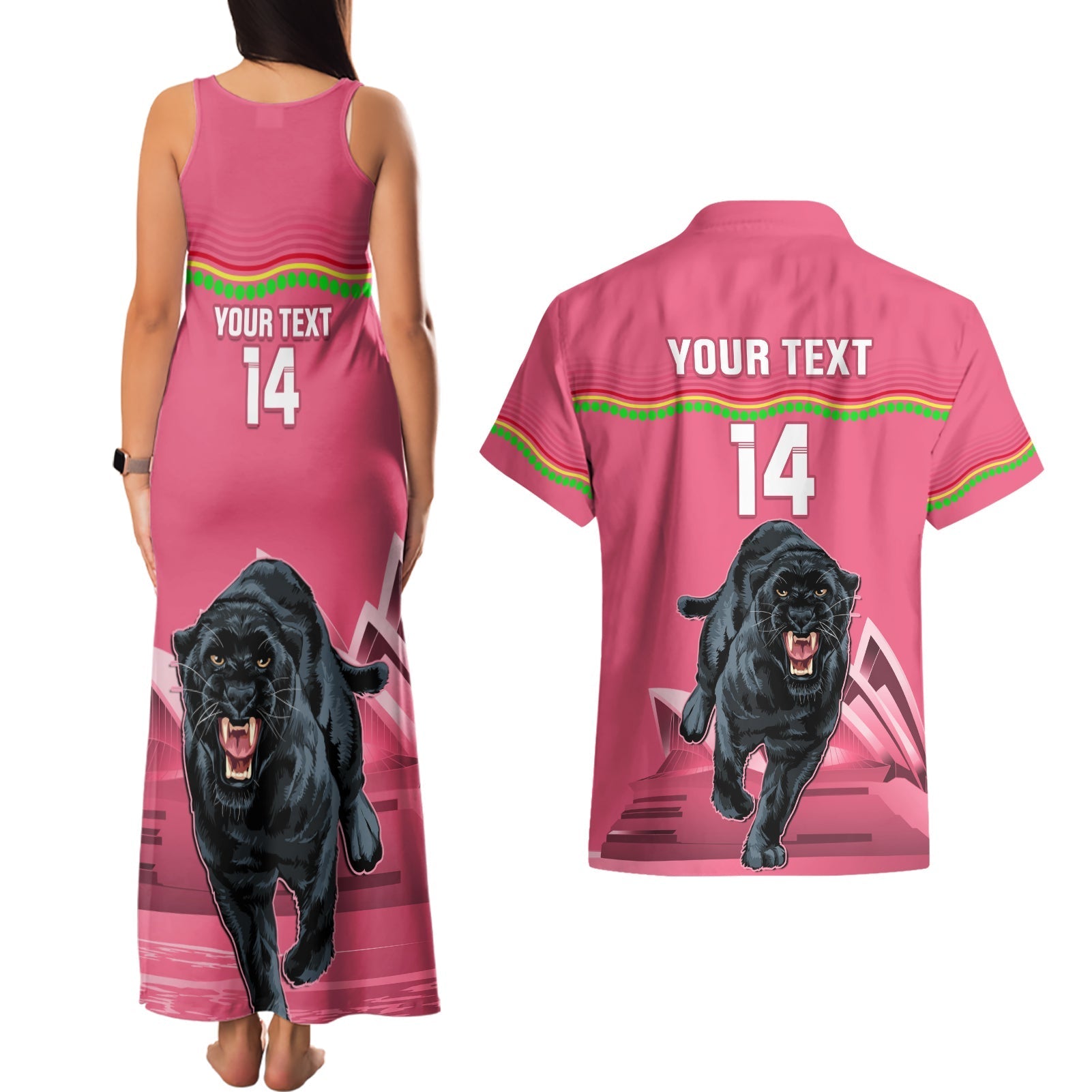 Custom Australia Day Panthers Couples Matching Tank Maxi Dress and Hawaiian Shirt NRL 2024 Sydney Opera House With Map - Pink