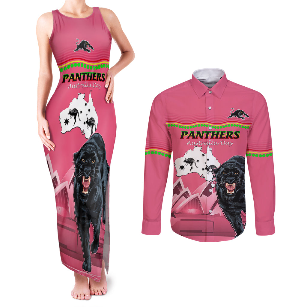 Custom Australia Day Panthers Couples Matching Tank Maxi Dress and Long Sleeve Button Shirt NRL 2024 Sydney Opera House With Map - Pink