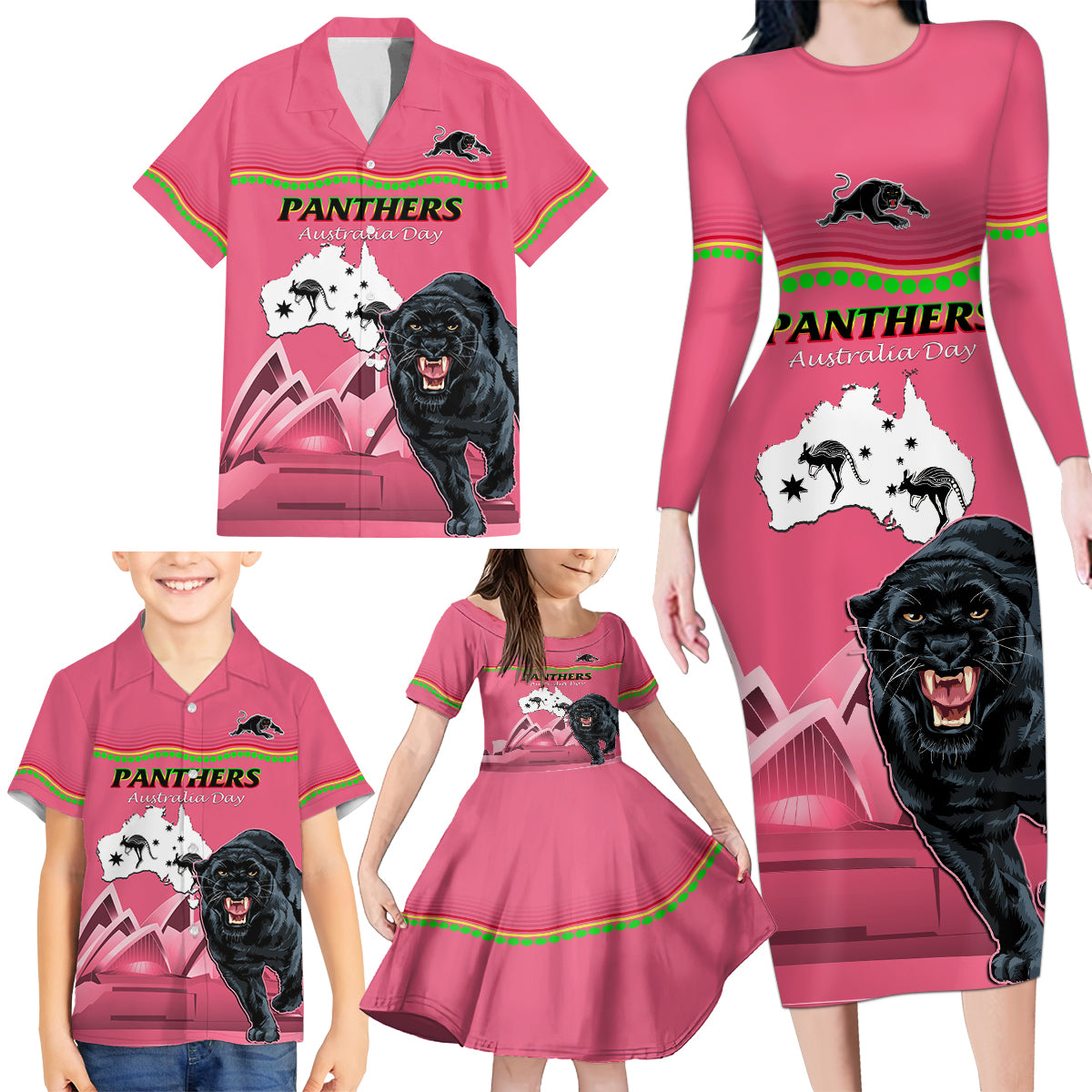 Custom Australia Day Panthers Family Matching Long Sleeve Bodycon Dress and Hawaiian Shirt NRL 2024 Sydney Opera House With Map - Pink