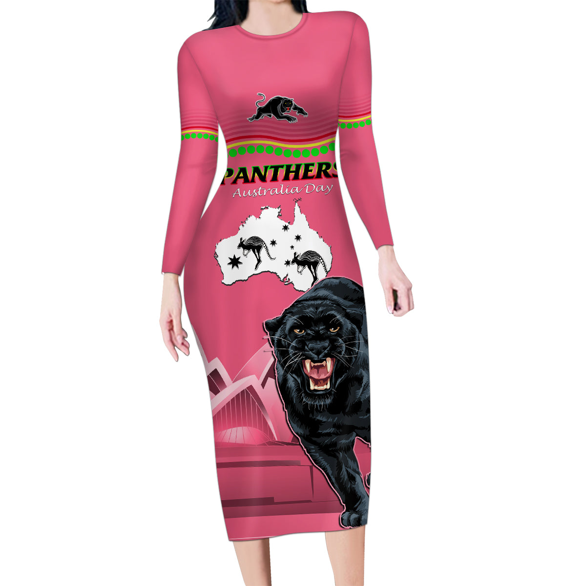 Custom Australia Day Panthers Family Matching Long Sleeve Bodycon Dress and Hawaiian Shirt NRL 2024 Sydney Opera House With Map - Pink