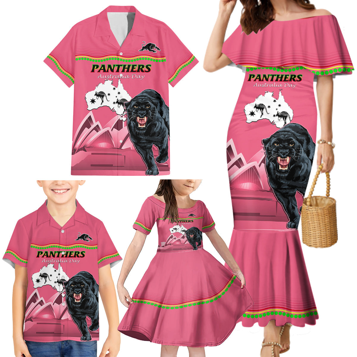 Custom Australia Day Panthers Family Matching Mermaid Dress and Hawaiian Shirt NRL 2024 Sydney Opera House With Map - Pink