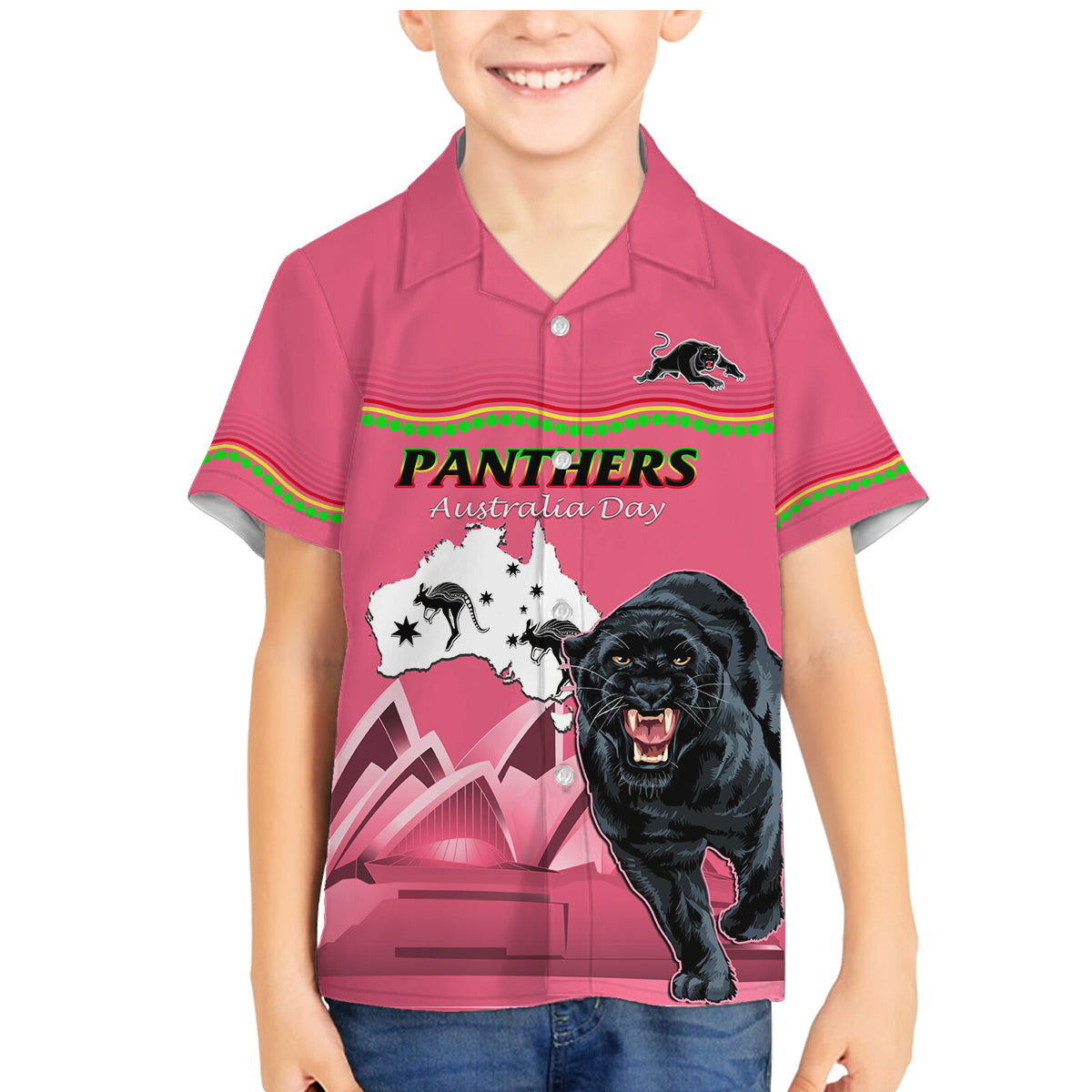 Custom Australia Day Panthers Family Matching Mermaid Dress and Hawaiian Shirt NRL 2024 Sydney Opera House With Map - Pink