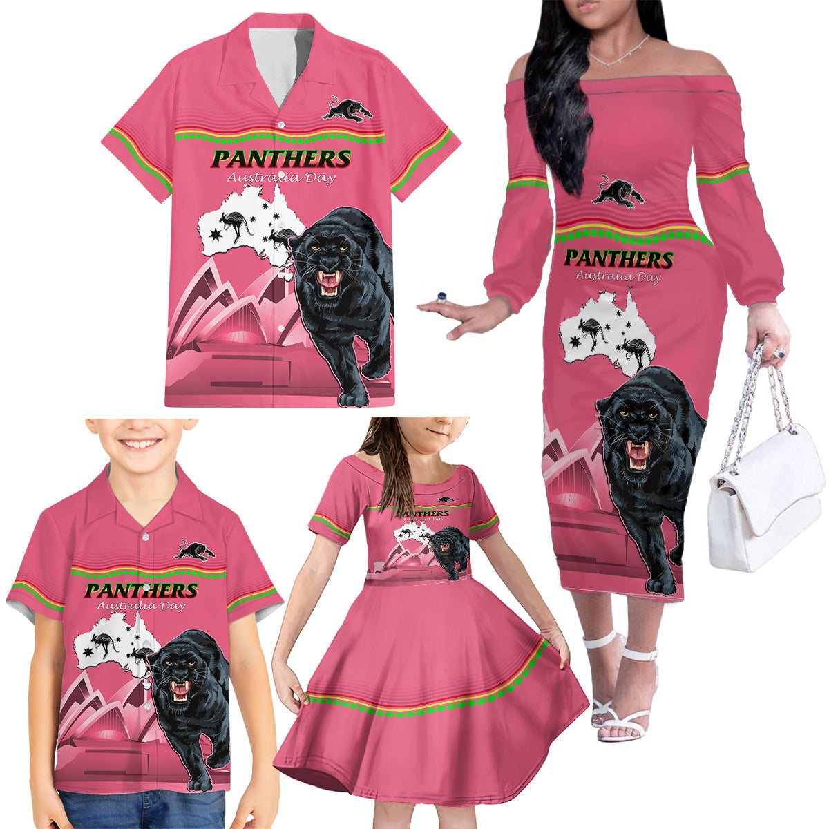 Custom Australia Day Panthers Family Matching Off Shoulder Long Sleeve Dress and Hawaiian Shirt NRL 2024 Sydney Opera House With Map - Pink