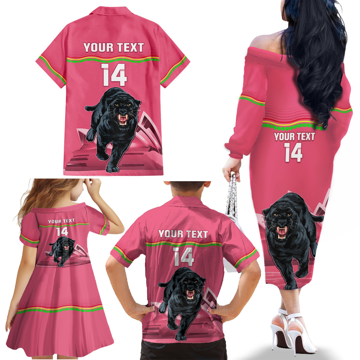 Custom Australia Day Panthers Family Matching Off Shoulder Long Sleeve Dress and Hawaiian Shirt NRL 2024 Sydney Opera House With Map - Pink