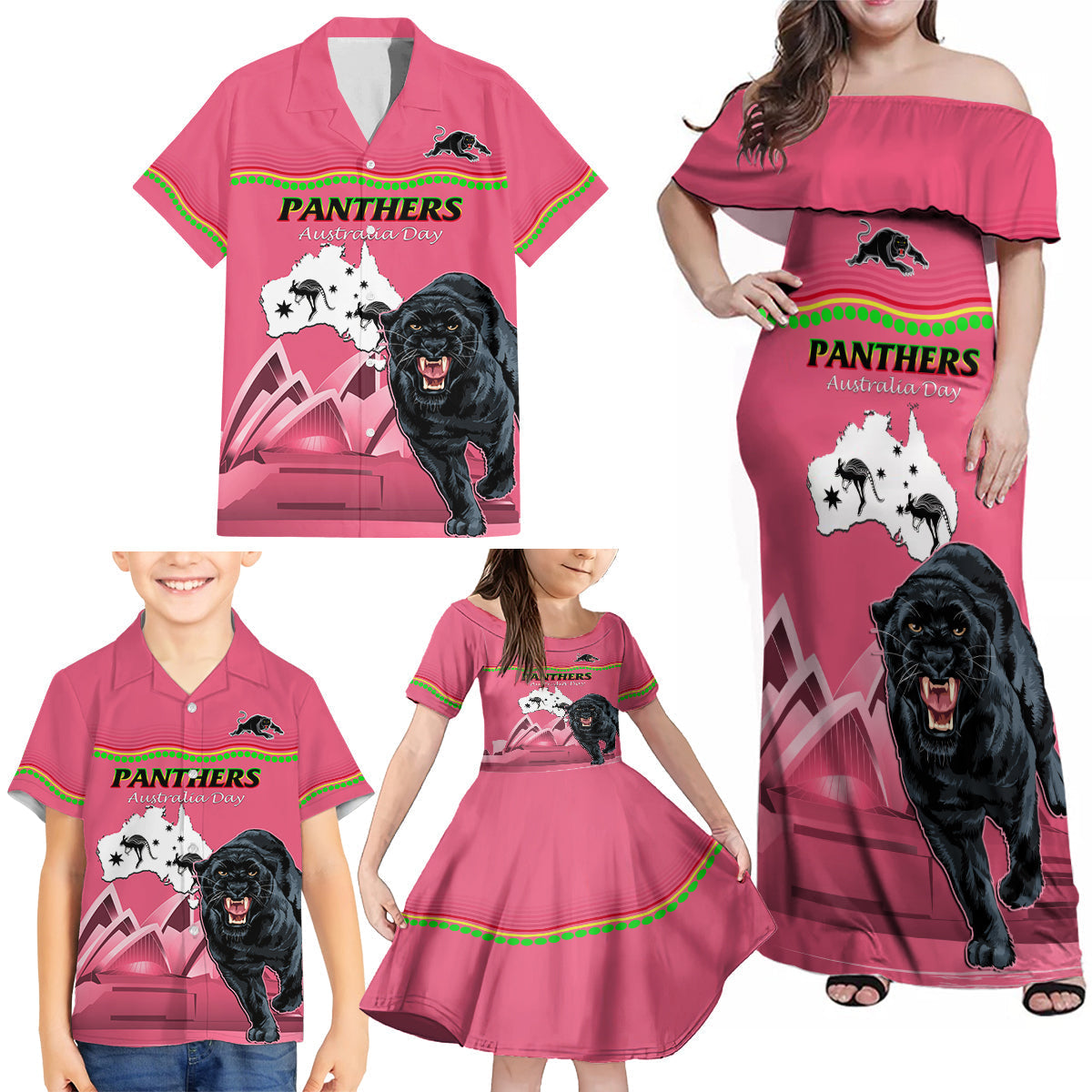 Custom Australia Day Panthers Family Matching Off Shoulder Maxi Dress and Hawaiian Shirt NRL 2024 Sydney Opera House With Map - Pink
