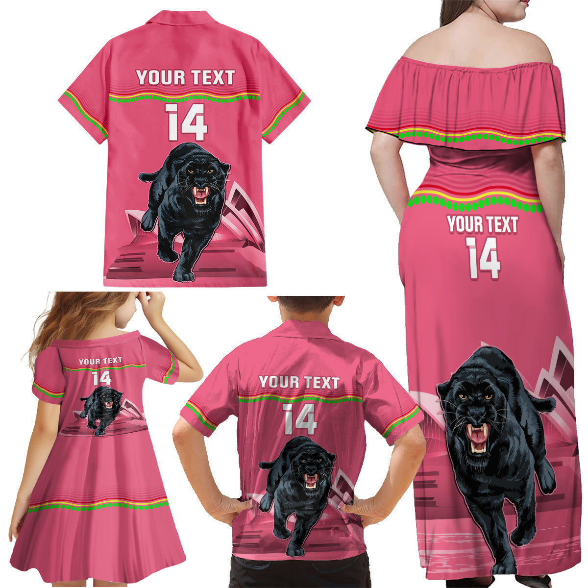 Custom Australia Day Panthers Family Matching Off Shoulder Maxi Dress and Hawaiian Shirt NRL 2024 Sydney Opera House With Map - Pink