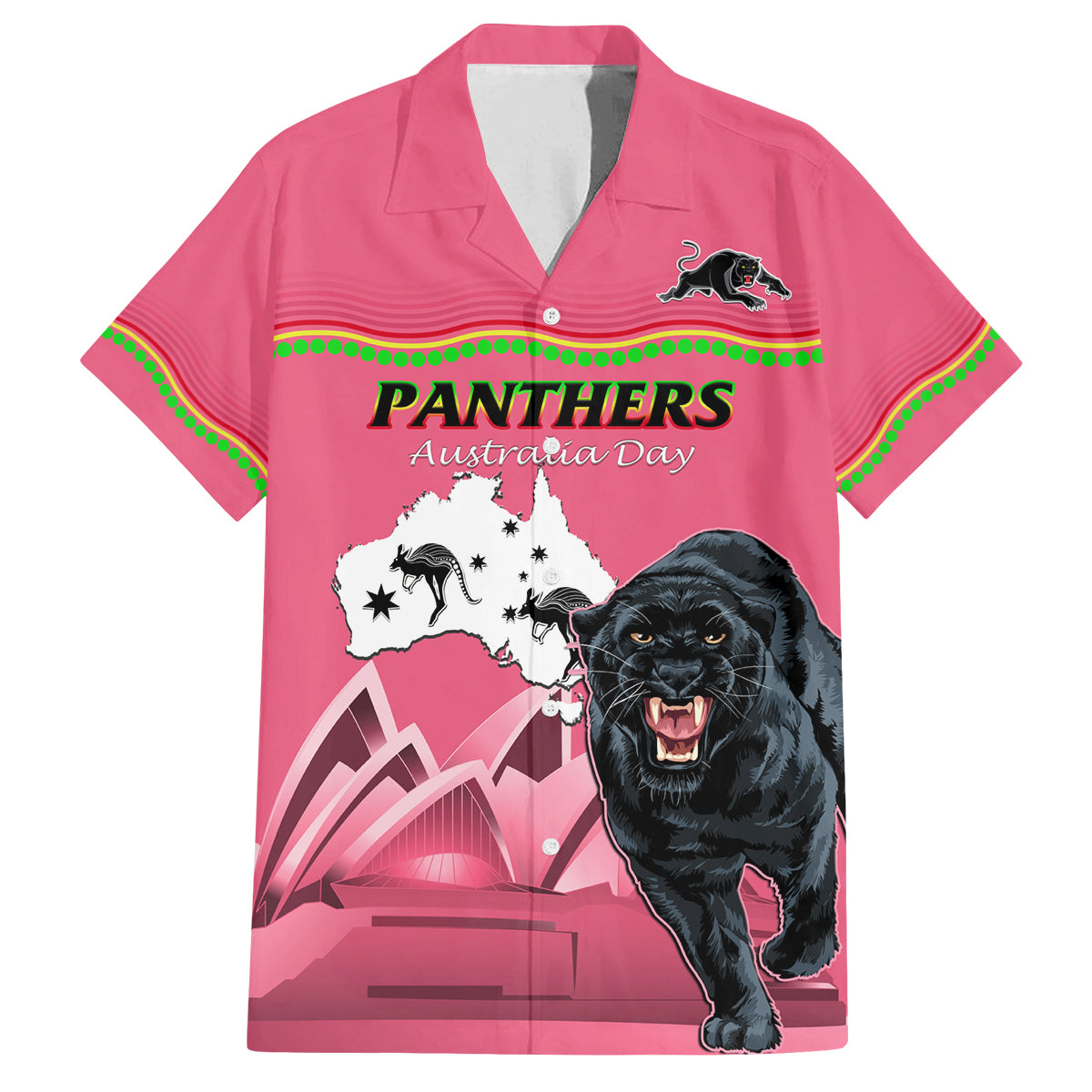 Custom Australia Day Panthers Family Matching Off Shoulder Maxi Dress and Hawaiian Shirt NRL 2024 Sydney Opera House With Map - Pink