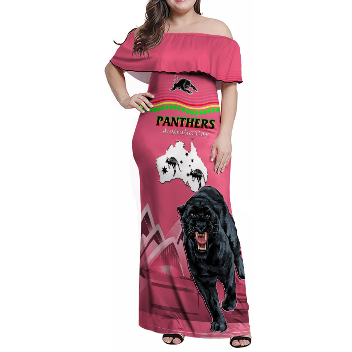 Custom Australia Day Panthers Family Matching Off Shoulder Maxi Dress and Hawaiian Shirt NRL 2024 Sydney Opera House With Map - Pink