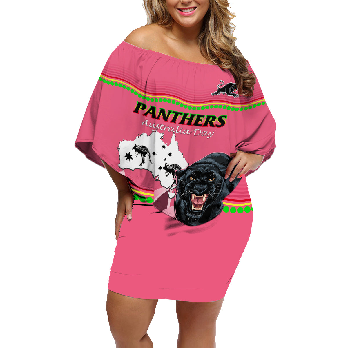 Custom Australia Day Panthers Family Matching Off Shoulder Short Dress and Hawaiian Shirt NRL 2024 Sydney Opera House With Map - Pink