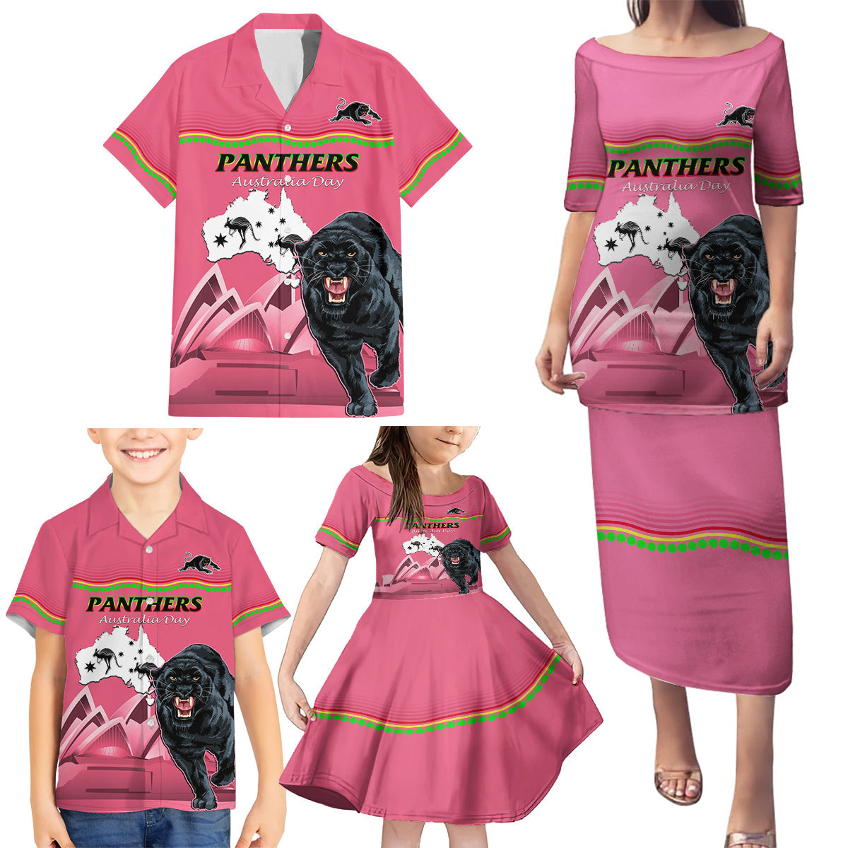 Custom Australia Day Panthers Family Matching Puletasi and Hawaiian Shirt NRL 2024 Sydney Opera House With Map - Pink