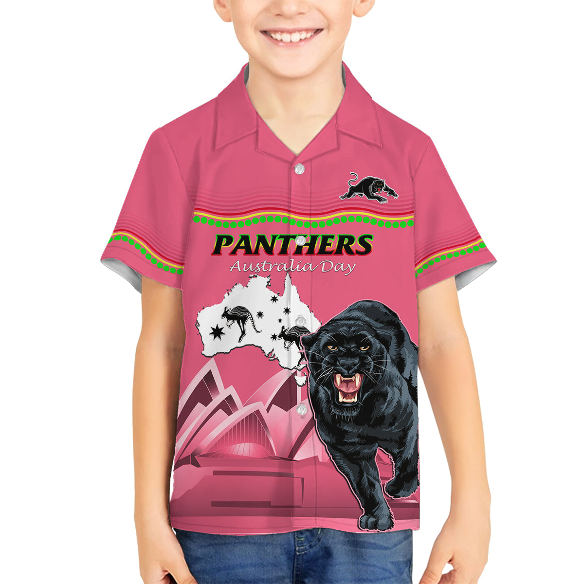 Custom Australia Day Panthers Family Matching Puletasi and Hawaiian Shirt NRL 2024 Sydney Opera House With Map - Pink