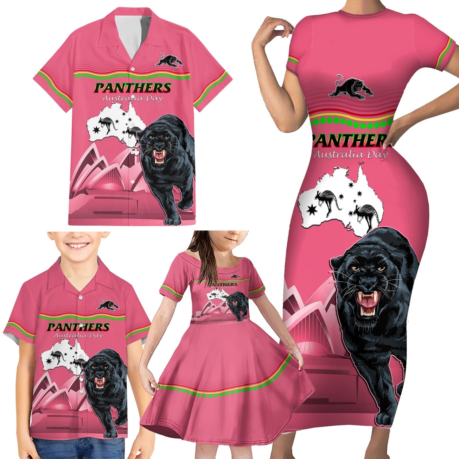 Custom Australia Day Panthers Family Matching Short Sleeve Bodycon Dress and Hawaiian Shirt NRL 2024 Sydney Opera House With Map - Pink