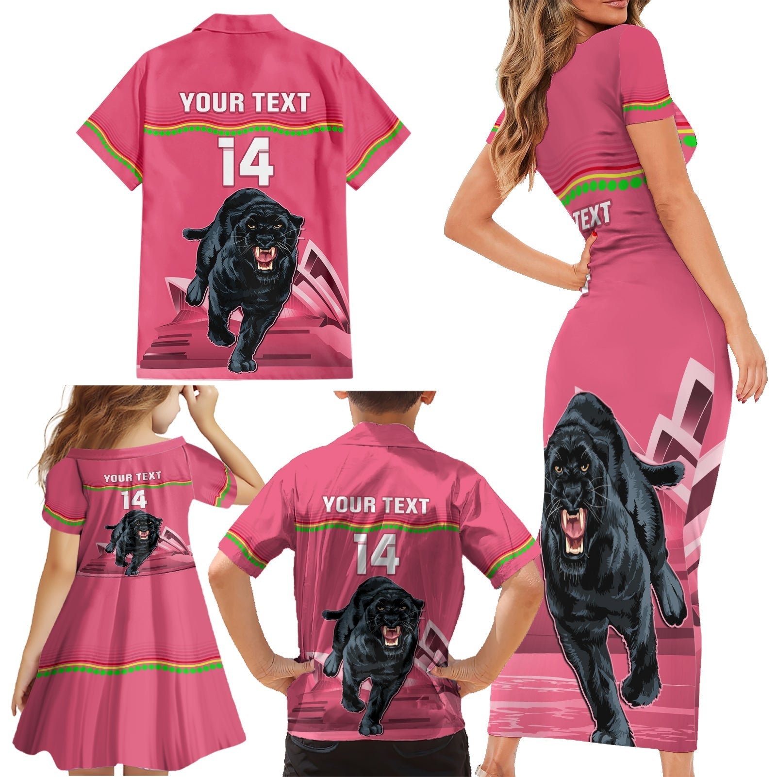 Custom Australia Day Panthers Family Matching Short Sleeve Bodycon Dress and Hawaiian Shirt NRL 2024 Sydney Opera House With Map - Pink