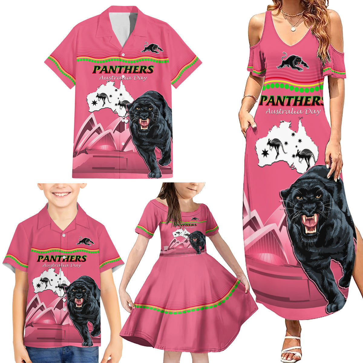 Custom Australia Day Panthers Family Matching Summer Maxi Dress and Hawaiian Shirt NRL 2024 Sydney Opera House With Map - Pink