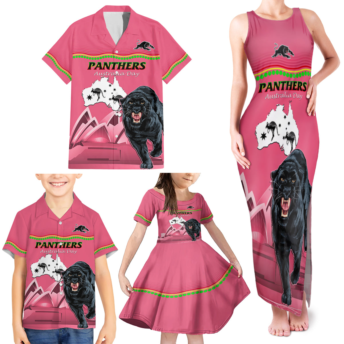 Custom Australia Day Panthers Family Matching Tank Maxi Dress and Hawaiian Shirt NRL 2024 Sydney Opera House With Map - Pink