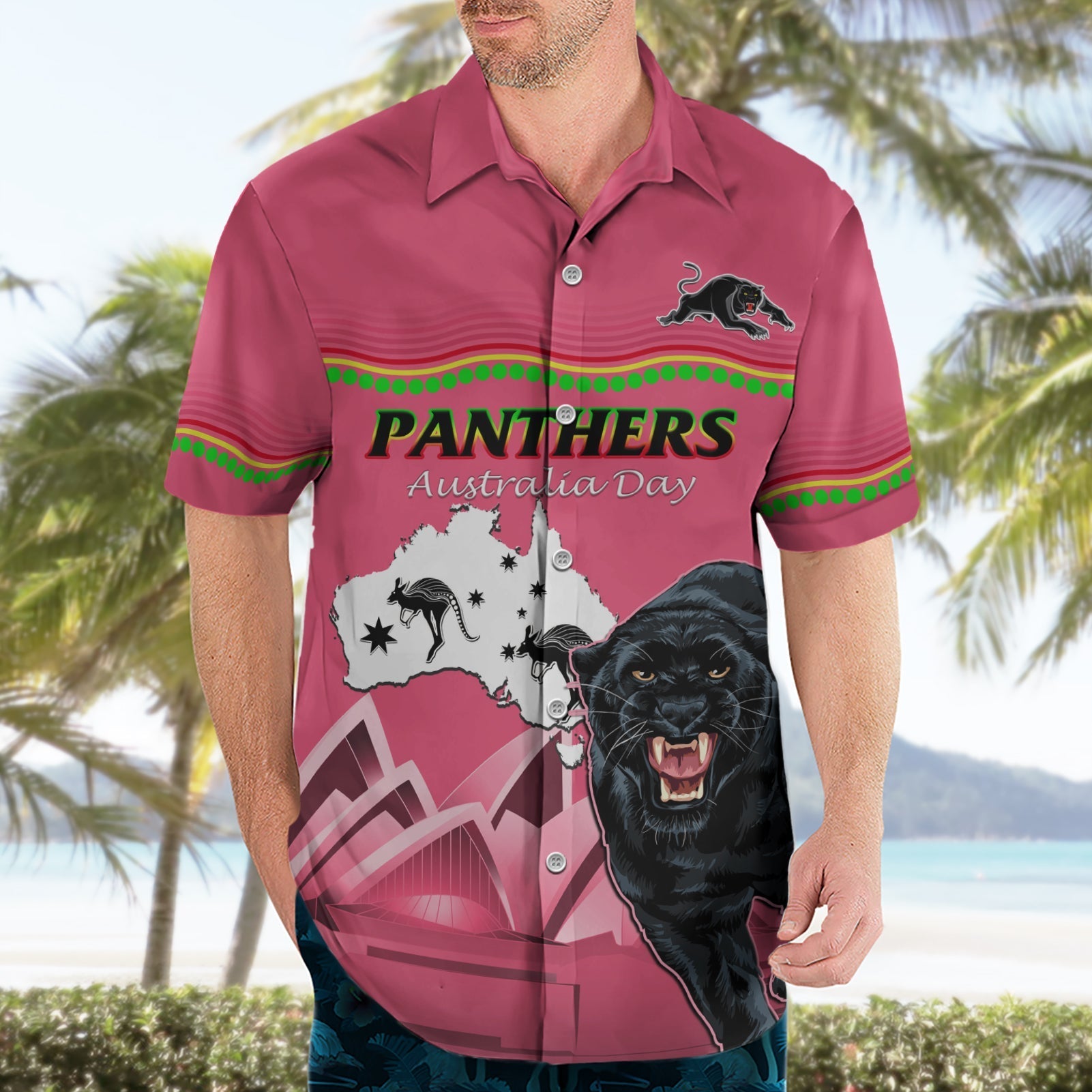 Custom Australia Day Panthers Hawaiian Shirt NRL 2024 Sydney Opera House With Map - Pink - Vibe Hoodie Shop