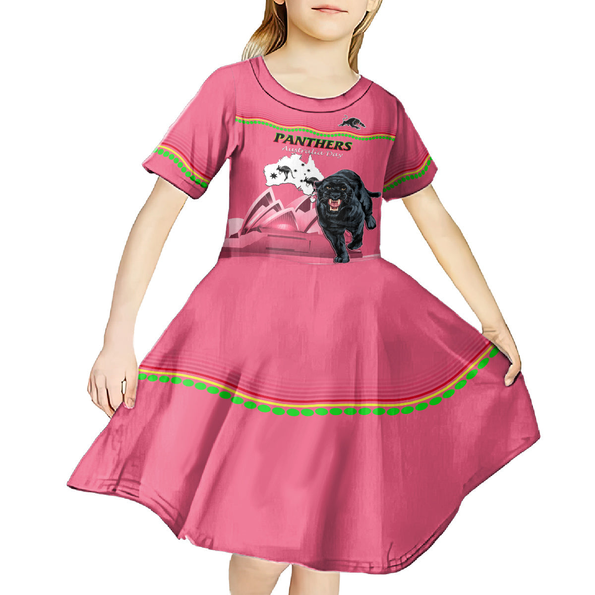 Custom Australia Day Panthers Kid Short Sleeve Dress NRL 2024 Sydney Opera House With Map - Pink - Vibe Hoodie Shop