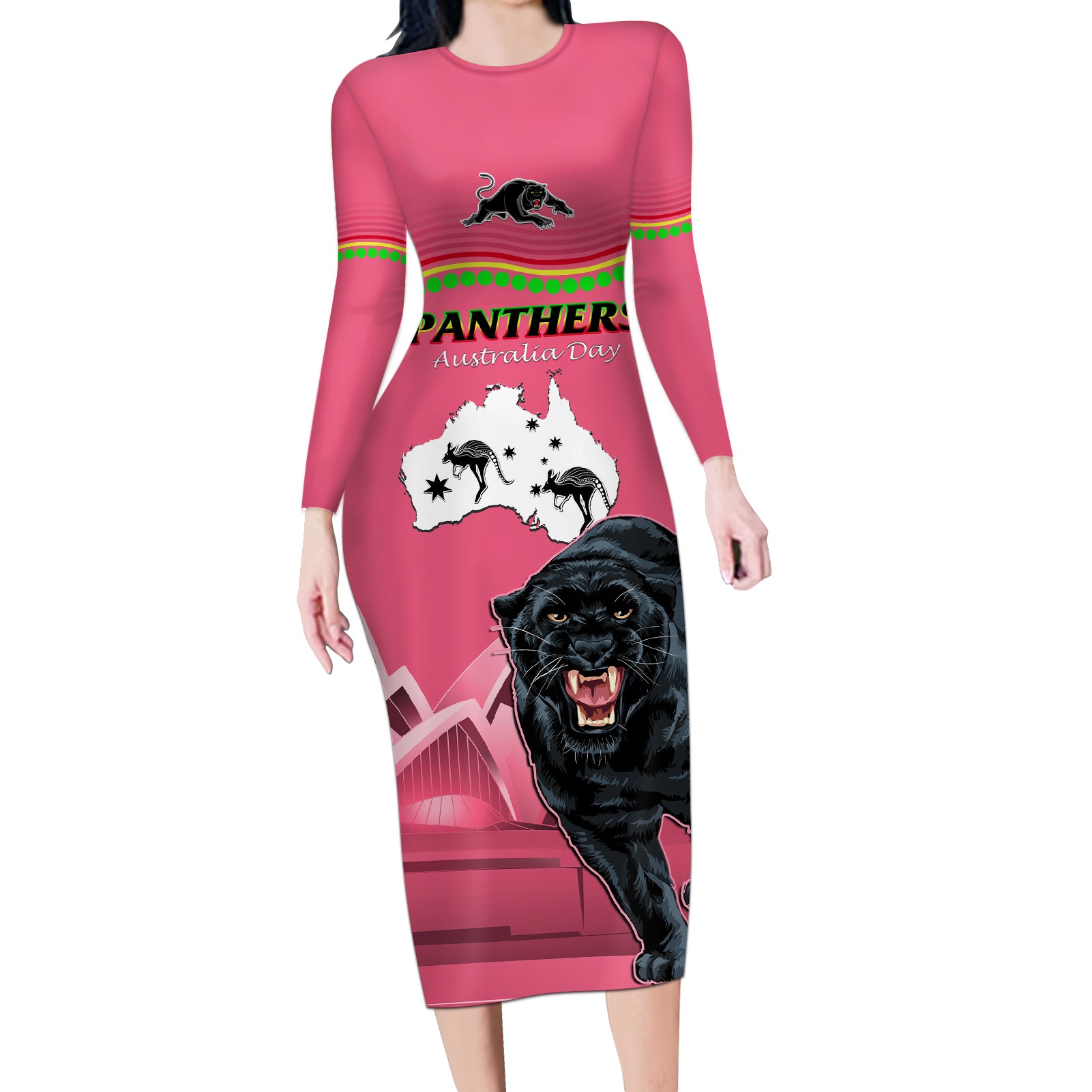 Custom Australia Day Panthers Long Sleeve Bodycon Dress NRL 2024 Sydney Opera House With Map - Pink