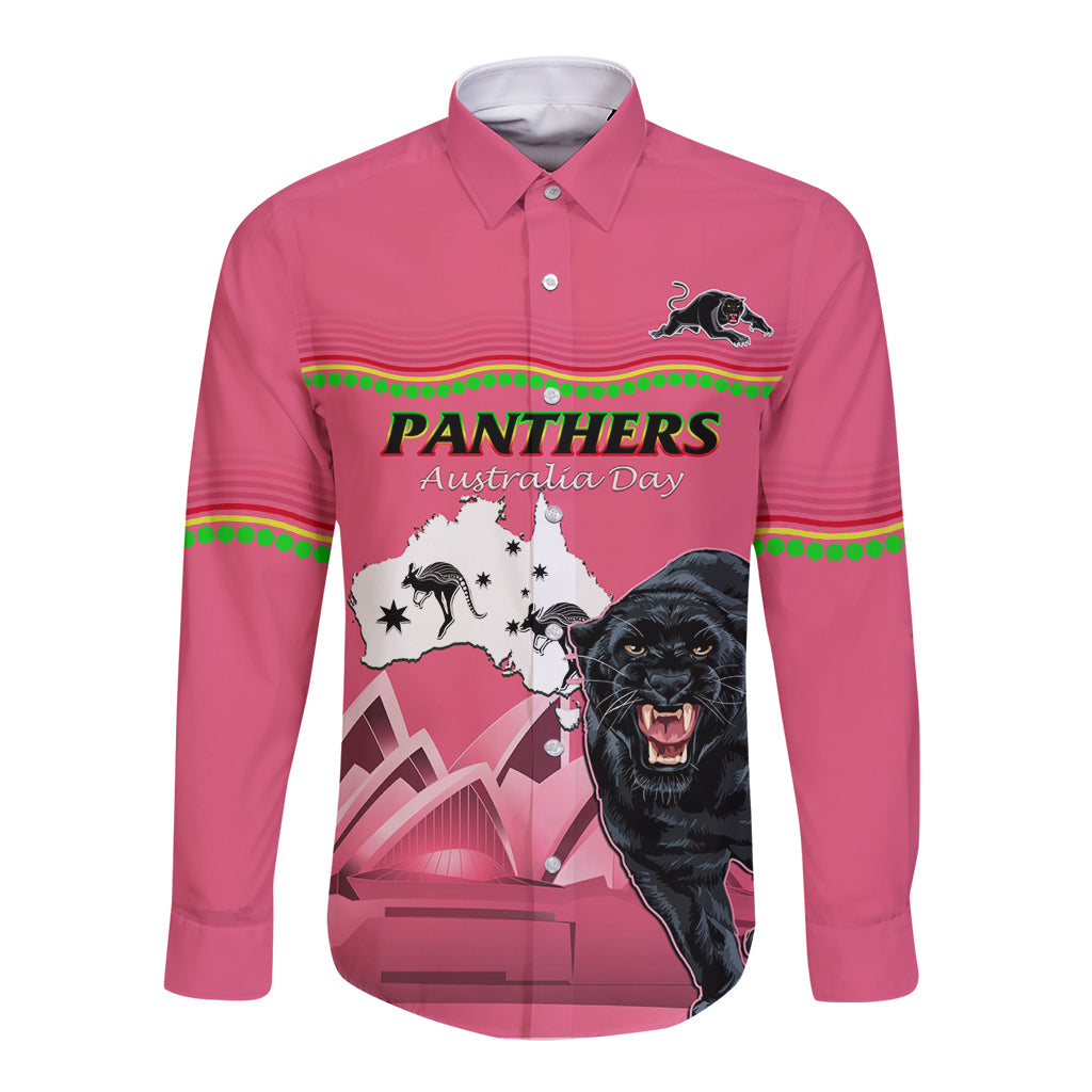 Custom Australia Day Panthers Long Sleeve Button Shirt NRL 2024 Sydney Opera House With Map - Pink - Vibe Hoodie Shop