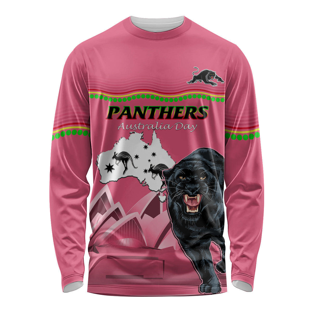 Custom Australia Day Panthers Long Sleeve Shirt NRL 2024 Sydney Opera House With Map - Pink - Vibe Hoodie Shop