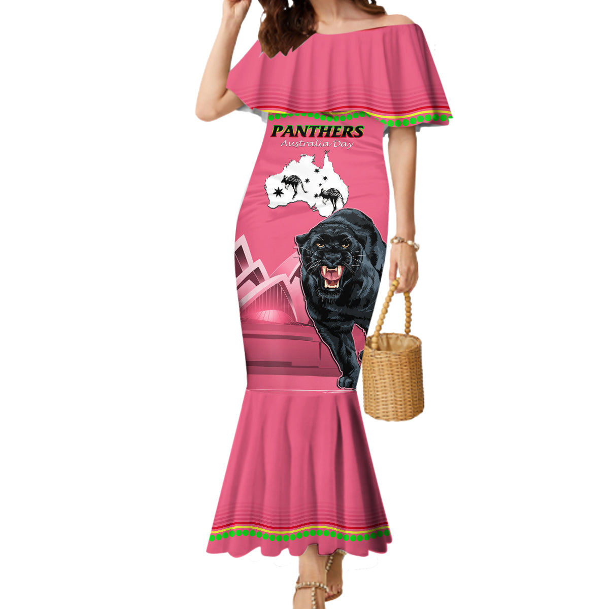 Custom Australia Day Panthers Mermaid Dress NRL 2024 Sydney Opera House With Map - Pink