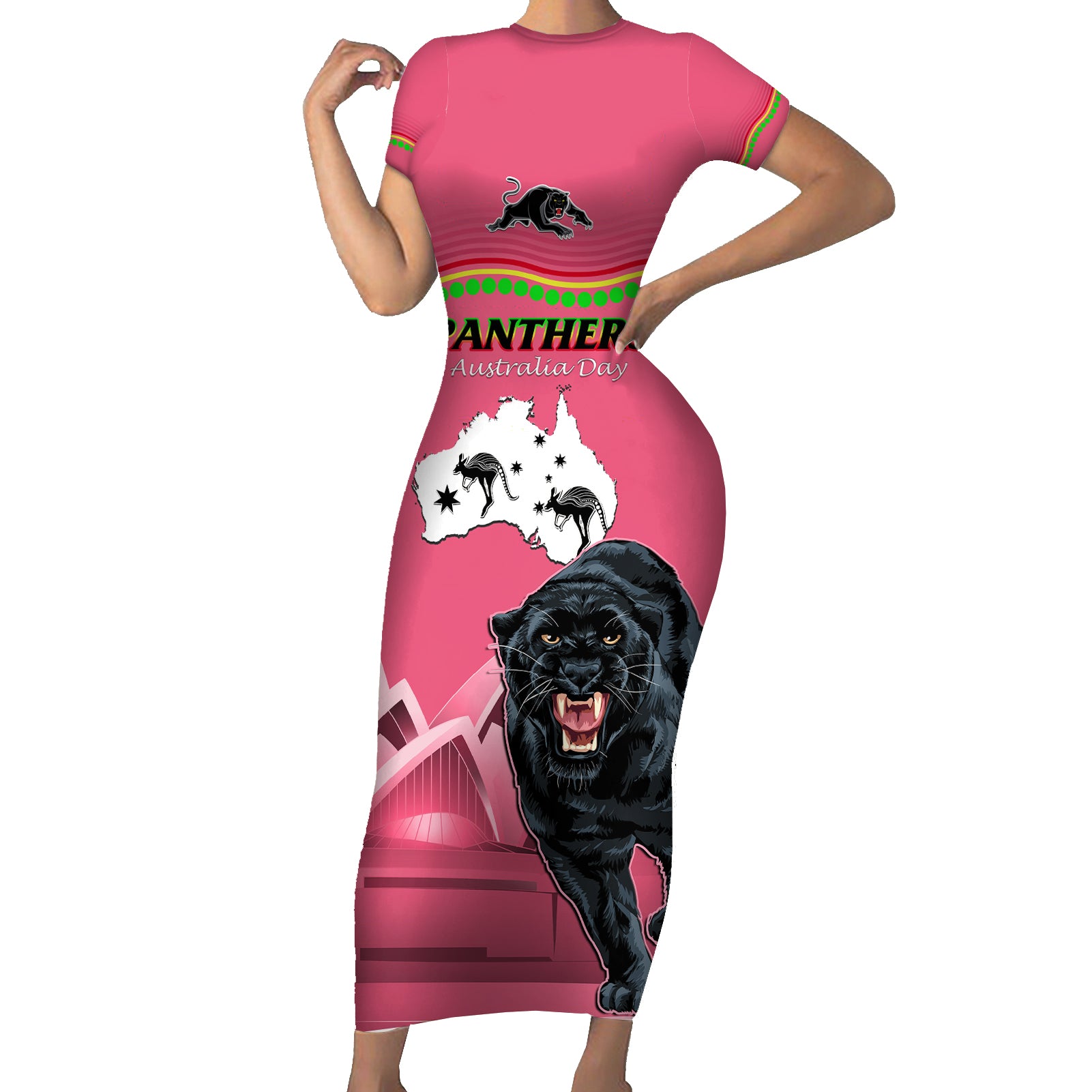 Custom Australia Day Panthers Short Sleeve Bodycon Dress NRL 2024 Sydney Opera House With Map - Pink