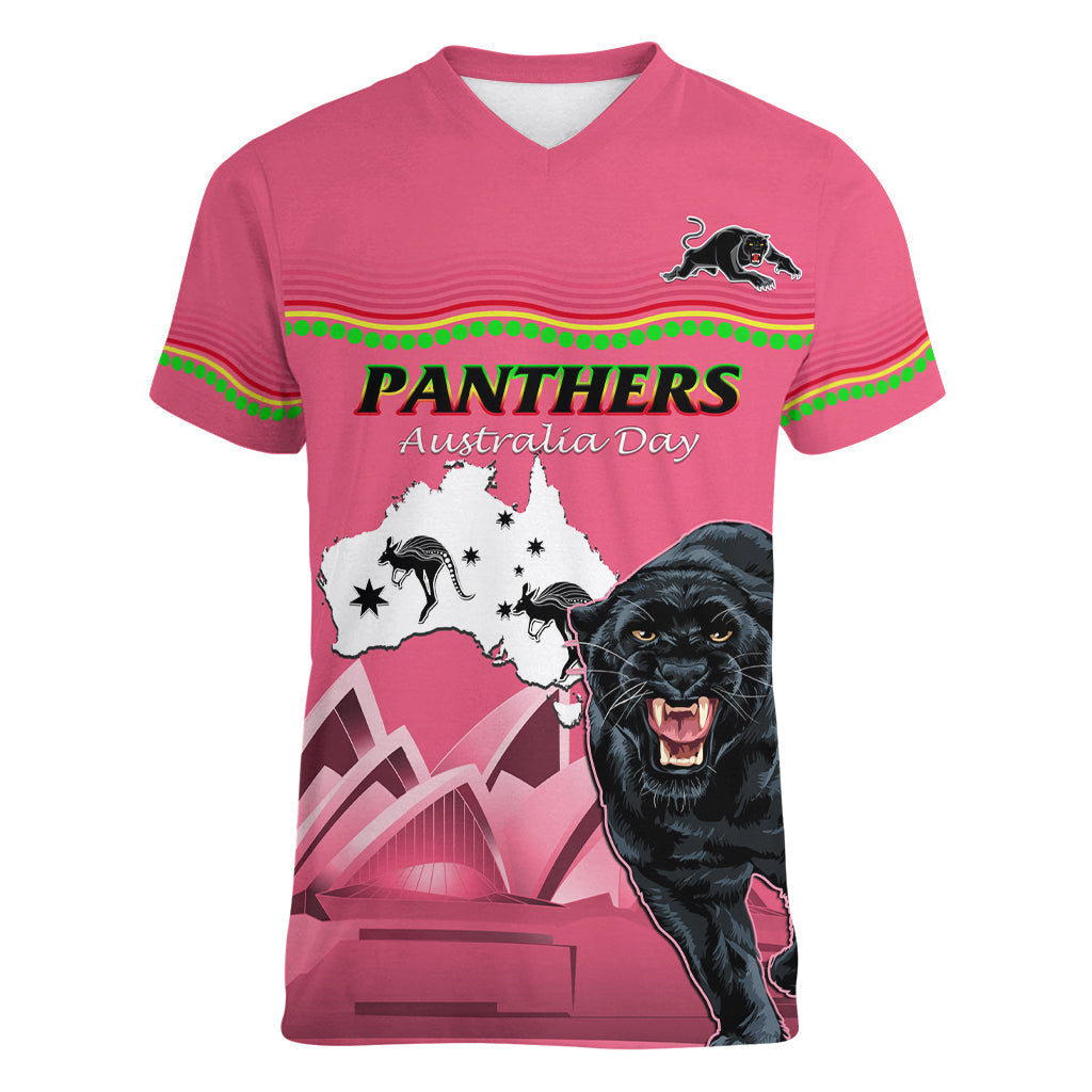 Custom Australia Day Panthers Women V Neck T Shirt NRL 2024 Sydney Opera House With Map - Pink - Vibe Hoodie Shop