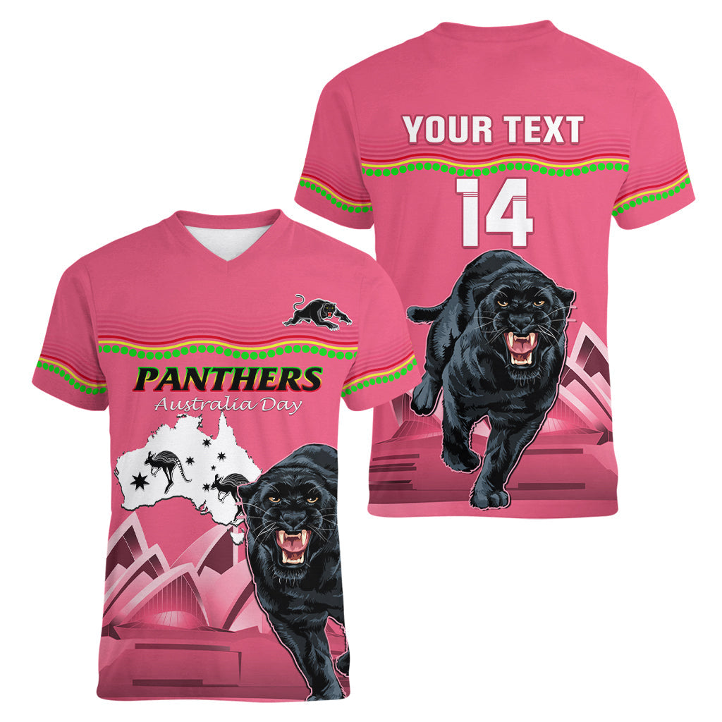 Custom Australia Day Panthers Women V Neck T Shirt NRL 2024 Sydney Opera House With Map - Pink - Vibe Hoodie Shop