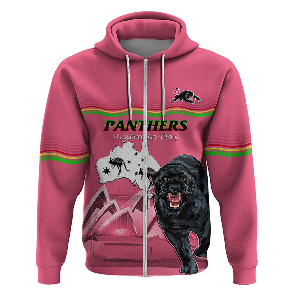 Custom Australia Day Panthers Zip Hoodie NRL 2024 Sydney Opera House With Map - Pink - Vibe Hoodie Shop