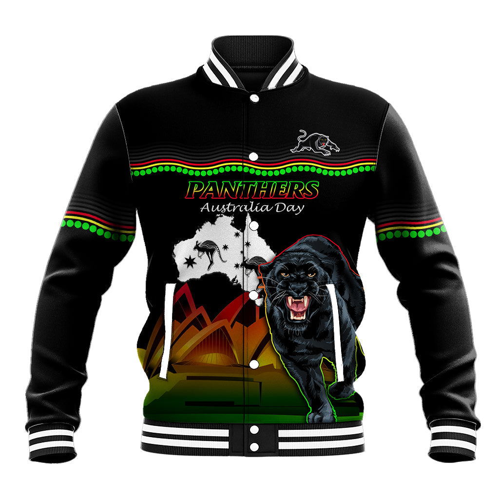 Custom Australia Day Panthers Baseball Jacket NRL 2024 Sydney Opera House With Map - Black - Vibe Hoodie Shop